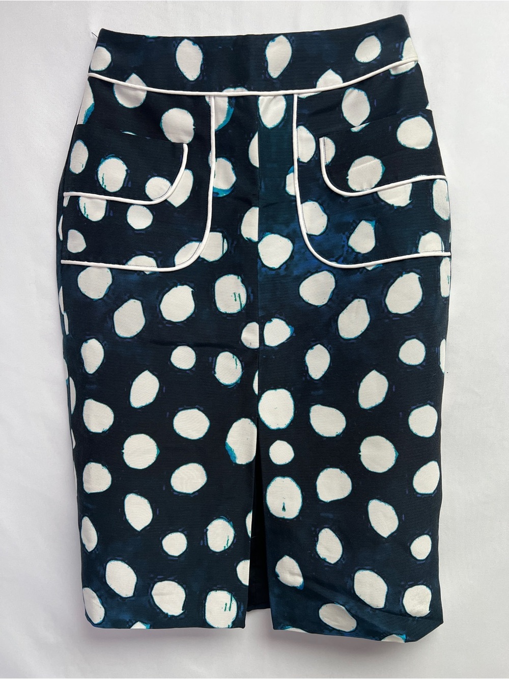 TIMO WEILAND Silk Cotton Abstract Polka Dot Utility Pencil Skirt Navy White 4